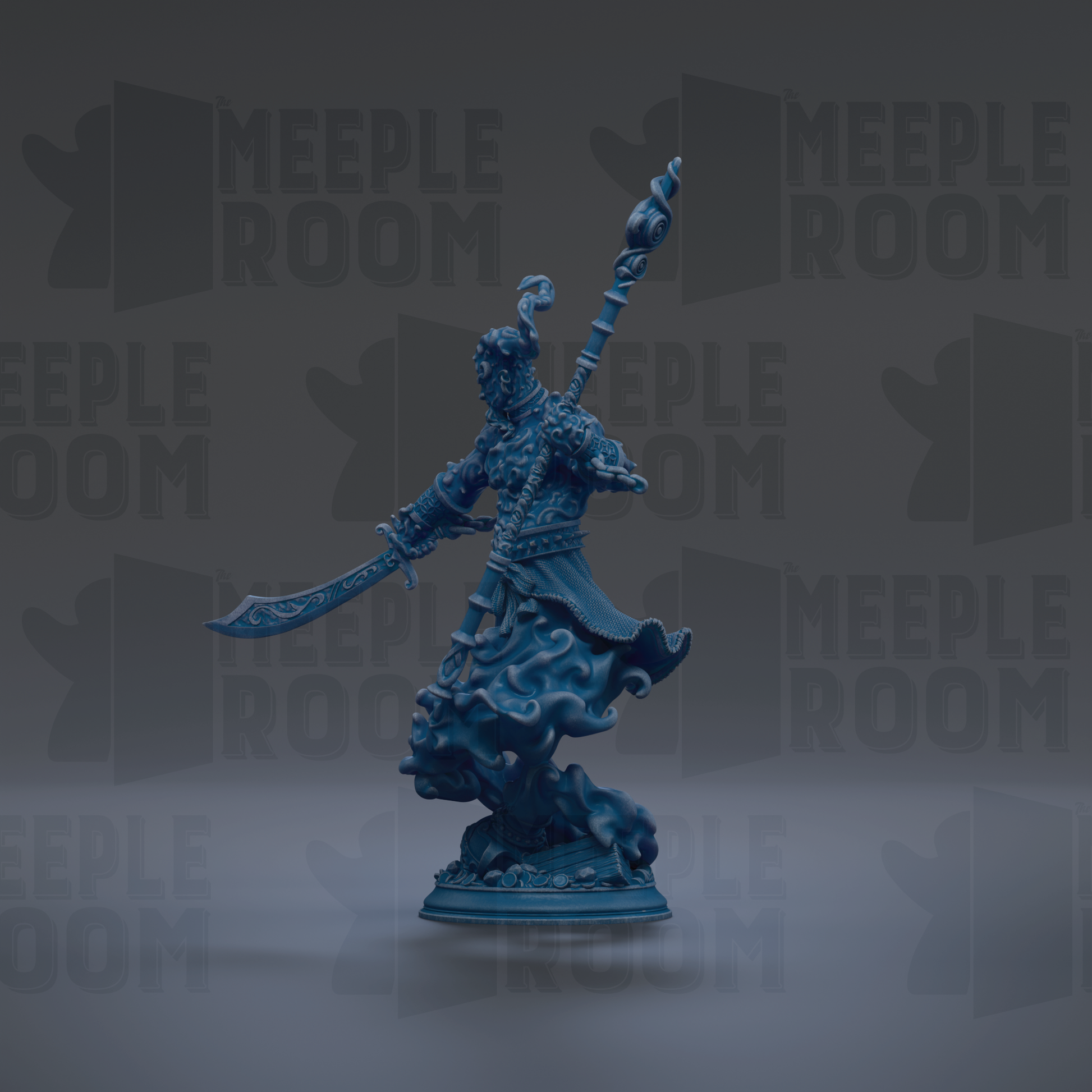 A blue figurine of a warrior wielding a sword and shield stands prominently against a dark background with repeated "MEIPLE ROOM" text.