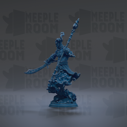 A blue figurine of a warrior wielding a sword and shield stands prominently against a dark background with repeated "MEIPLE ROOM" text.