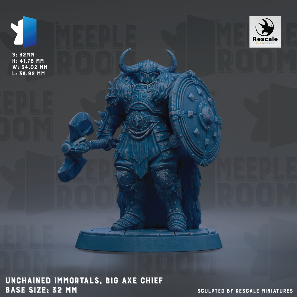 a blue armored knight figure, specifically a Big Axe Chief, standing on a base and holding a large shield. The figure is described as "unchained immortals" and "big axle chief", indicating its impressive size and strength. The base size of the figure is 32mm.