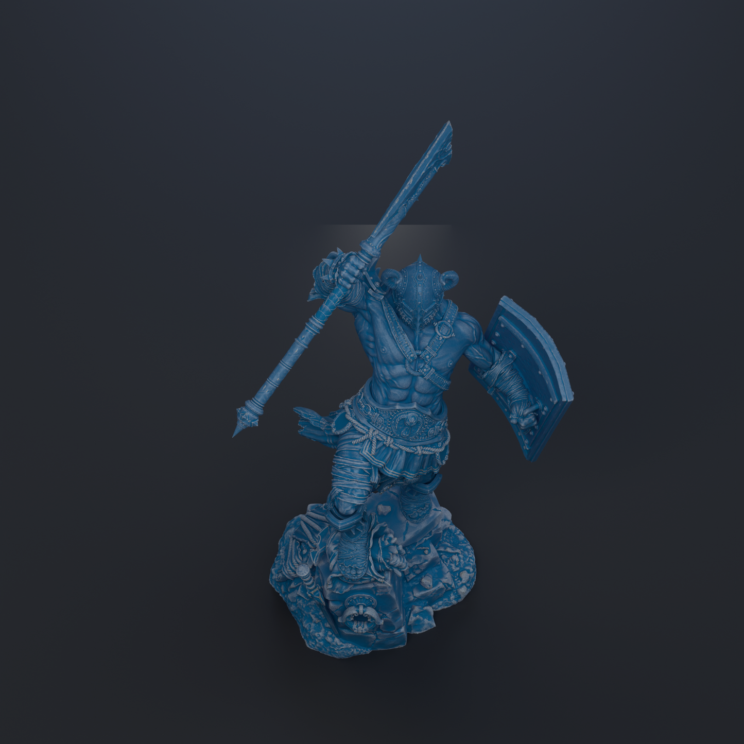 A blue, 3D-rendered warrior figure wielding a sword and shield stands on a rock formation against a dark background.