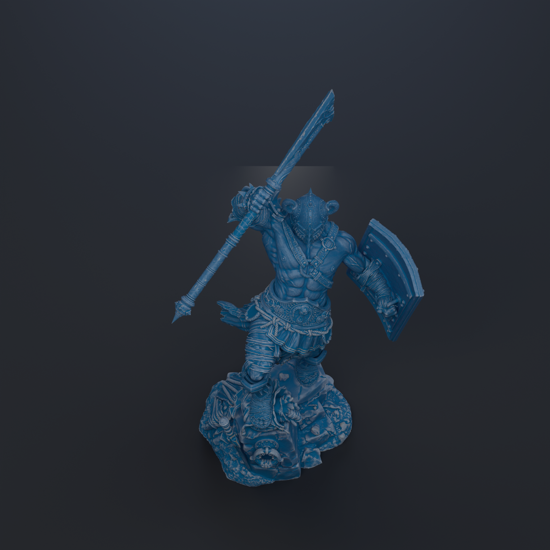 A blue, 3D-rendered warrior figure wielding a sword and shield stands on a rock formation against a dark background.