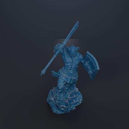 A blue, 3D-rendered warrior figure wielding a sword and shield stands on a rock formation against a dark background.