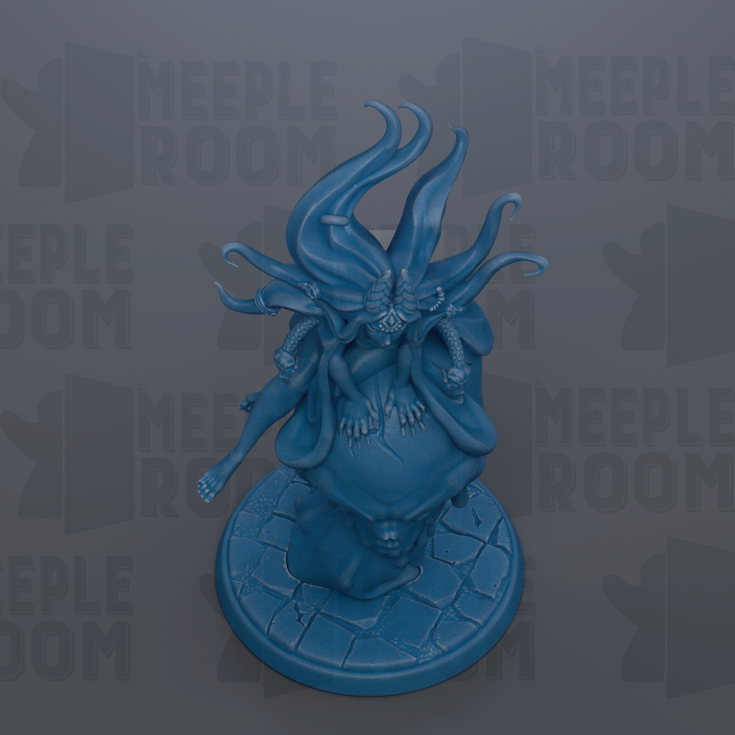 A blue figurine with a large head and long, flowing hair is displayed against a dark background with repeated text.