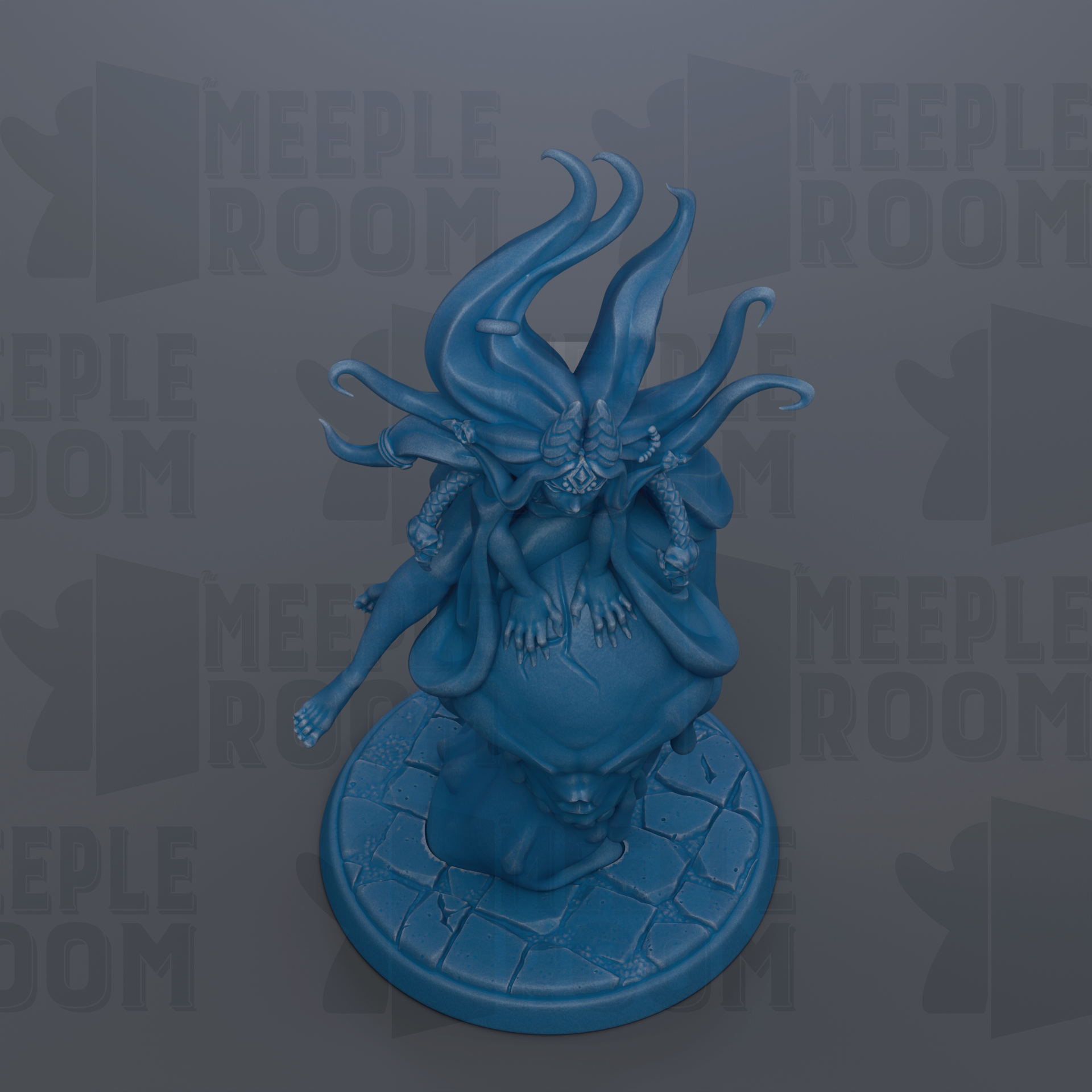 A blue figurine with a large head and long, flowing hair is displayed against a dark background with repeated text.