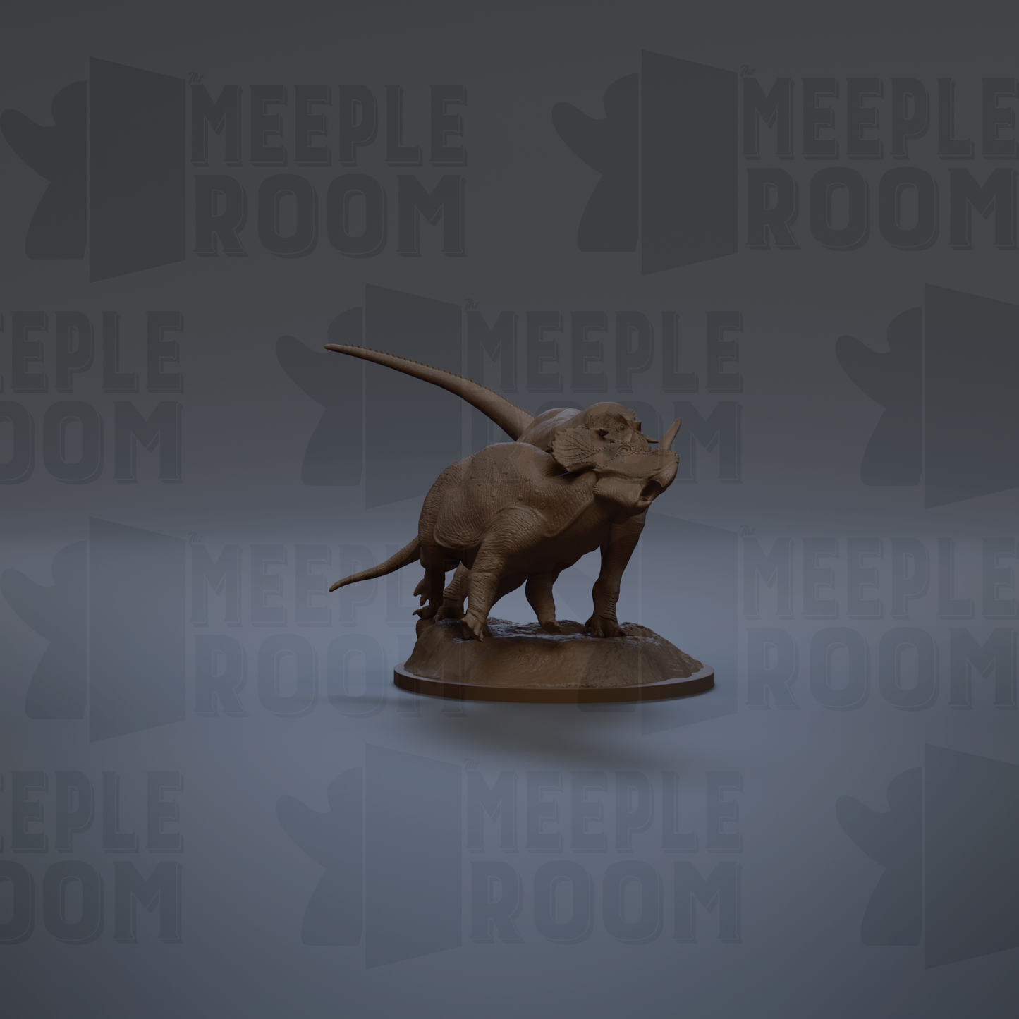 A 3D model of a dinosaur, specifically a triceratops, is displayed against a dark background with repeated text.