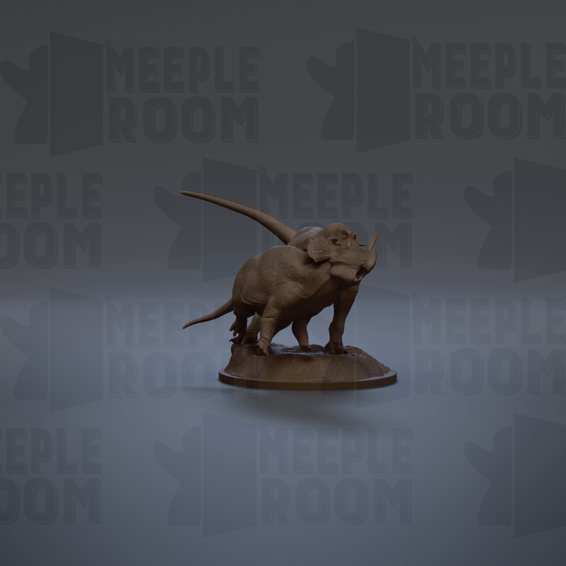 A 3D model of a dinosaur, specifically a triceratops, is displayed against a dark background with repeated text.