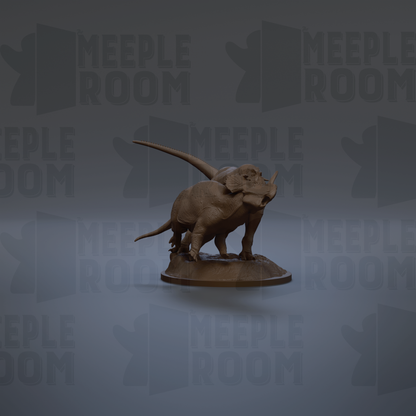 A 3D model of a dinosaur, specifically a triceratops, is displayed against a dark background with repeated text.