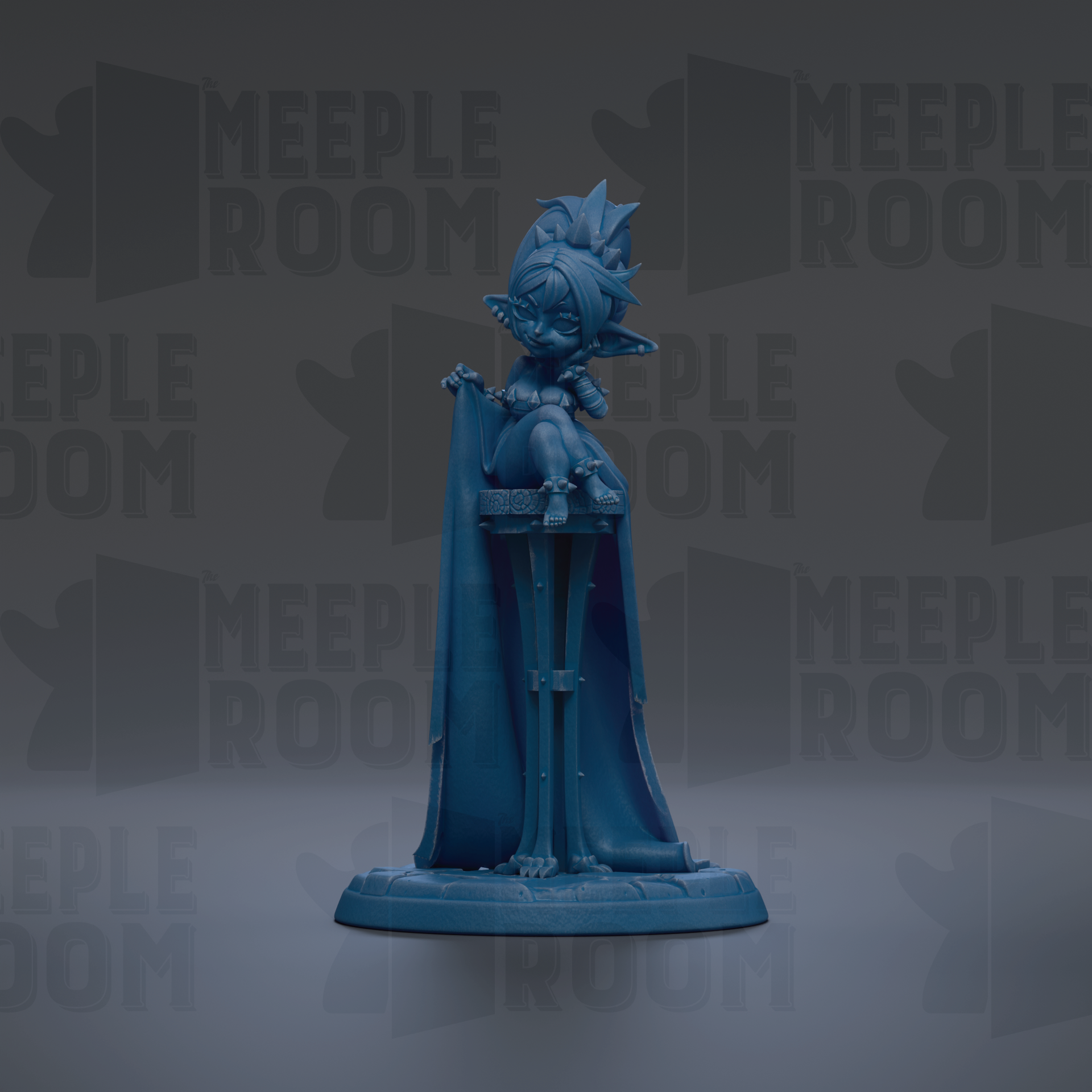 A blue figurine of a character with a pointed hat and flowing cape, standing on a pedestal against a dark background with repeated text.