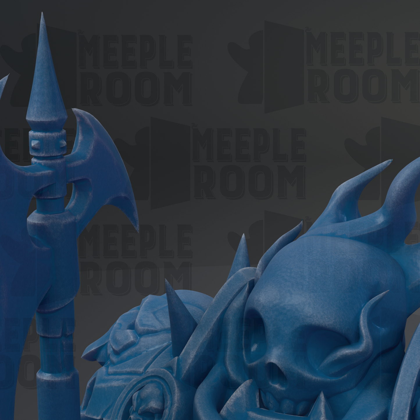 a close-up view of a blue, skull-like object with sharp, pointed edges. The background is dark and has the repeated text "MEUPLE ROOM" written in a stylized font.