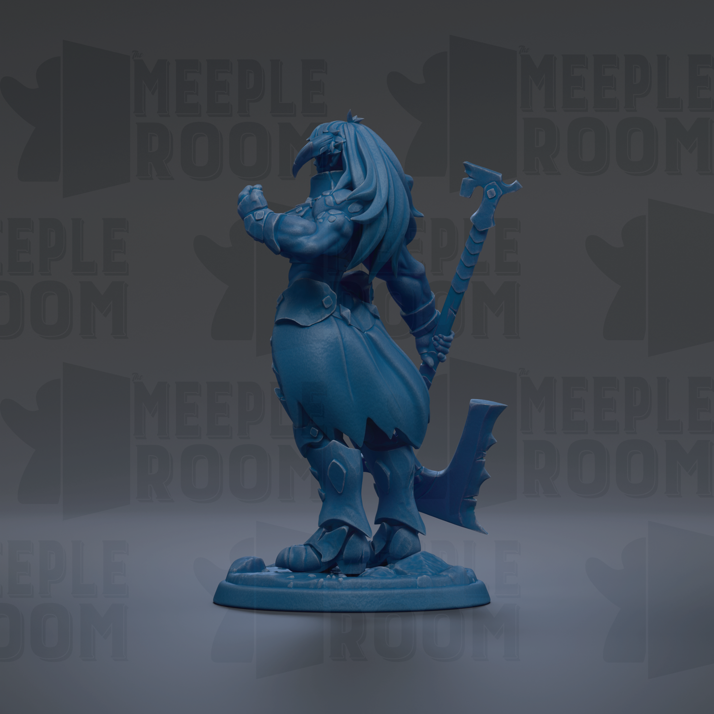 A blue figurine of a warrior-like character with a sword and shield stands against a dark background with repeated text.