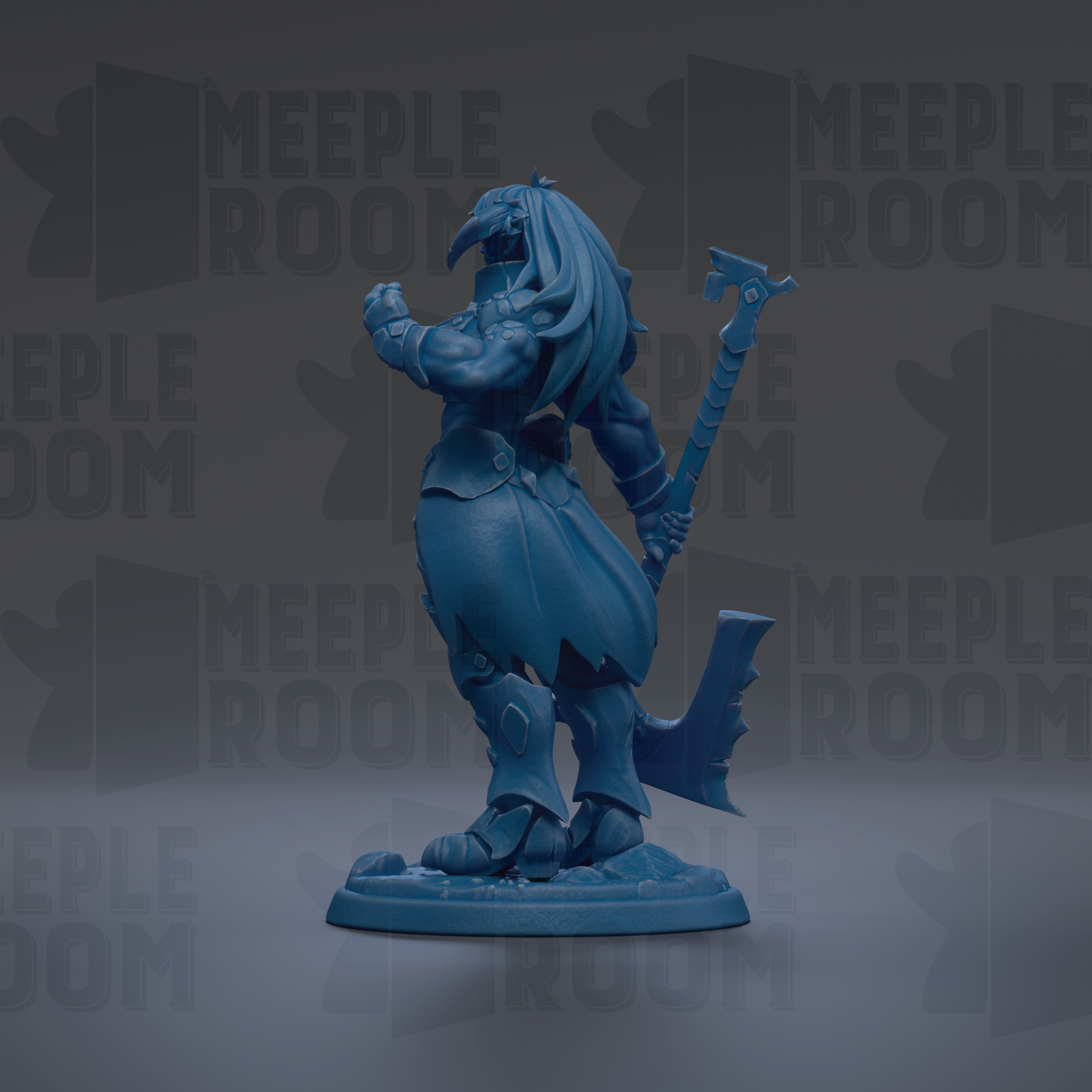 A blue figurine of a warrior-like character with a sword and shield stands against a dark background with repeated text.