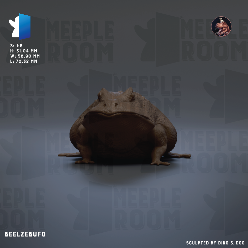 The image is a 3D rendering of a frog, specifically Beelzebub, which is a character from the video game Meeple Room. The frog is sitting on a gray background with the game's name repeated multiple times. The image is a collage of various images, and it is described as a "sculpted by dinosaur & dog" image.