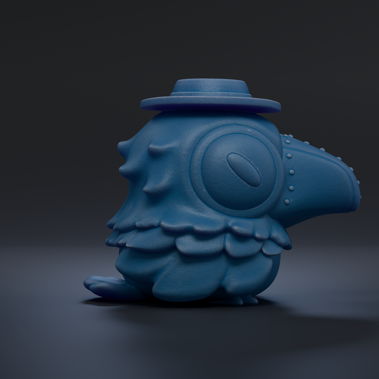 A blue, spiky bird figurine wearing a hat, sitting on a dark surface.