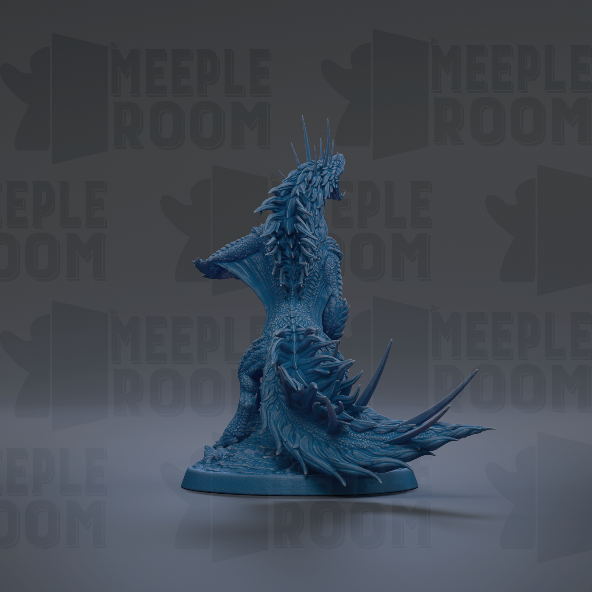 A blue, 3D-rendered figurine of a fantastical creature with sharp teeth and spikes, standing on a base.