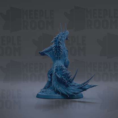 A blue, 3D-rendered figurine of a fantastical creature with sharp teeth and spikes, standing on a base.
