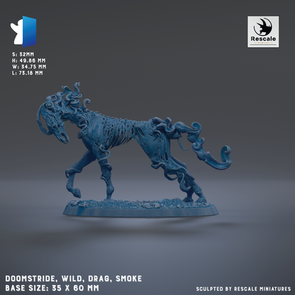 A 3D model of a blue, organic-looking creature resembling a dragon or a wild animal, with intricate details and flowing, curving forms. The creature is shown in a dynamic pose, with its head and body oriented towards the right side of the image. The base size of the model is 35 x 60 mm.