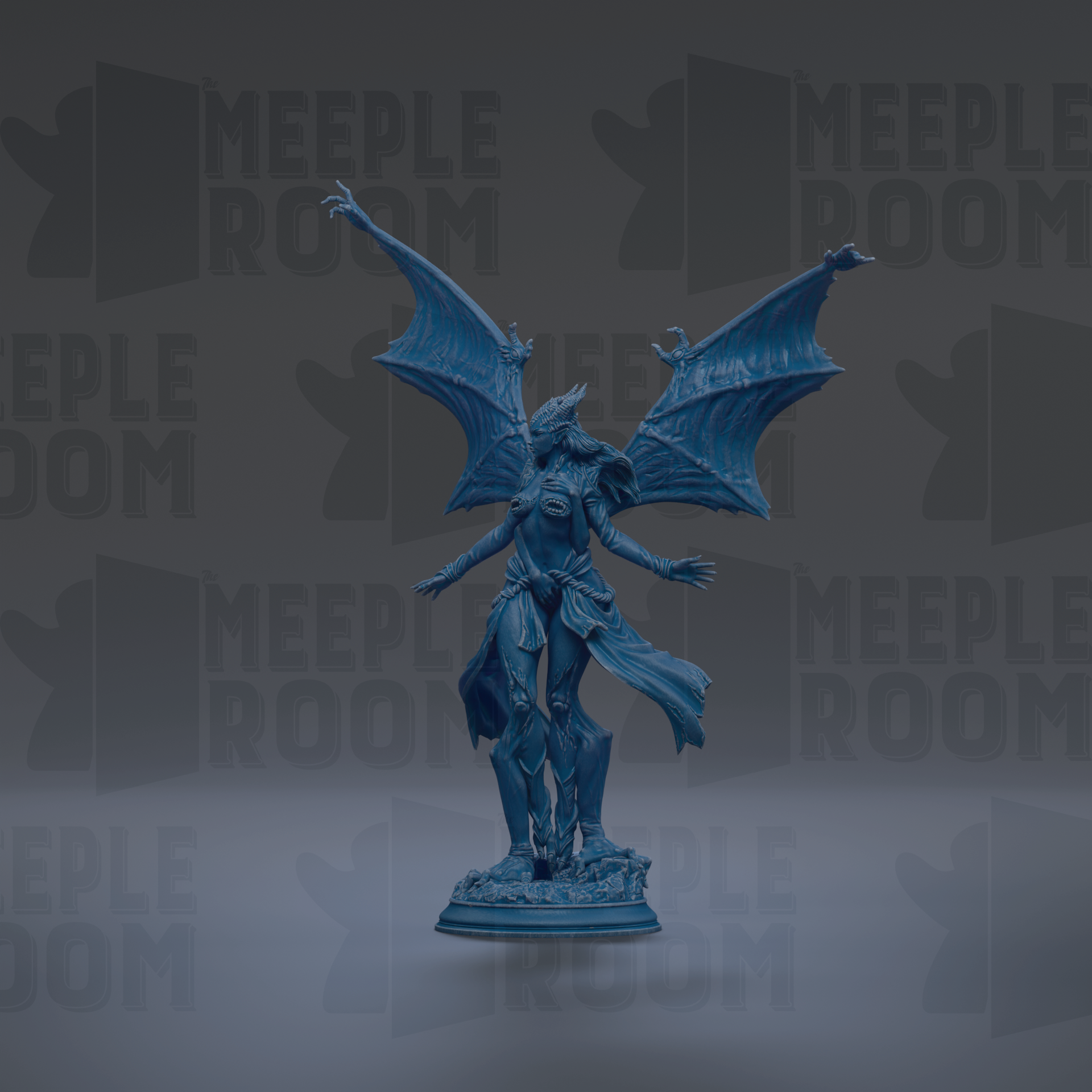 A blue statue of a winged, winged creature with a flowing cape, standing on a pedestal against a dark background with repeated text.
