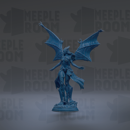 A blue statue of a winged, winged creature with a flowing cape, standing on a pedestal against a dark background with repeated text.