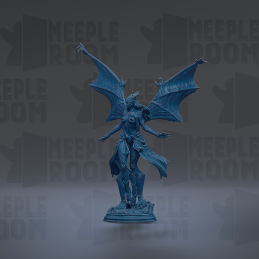 A blue statue of a winged, winged creature with a flowing cape, standing on a pedestal against a dark background with repeated text.