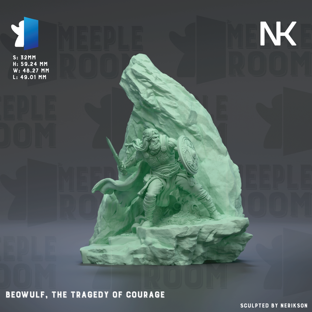 The image is a 3D rendering of a statue depicting a warrior figure, specifically Beowulf, the Tragedy of Courage, with a sword in hand. The background features a rocky cliff and the text "MEIPL room" repeated multiple times.