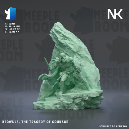The image is a 3D rendering of a statue depicting a warrior figure, specifically Beowulf, the Tragedy of Courage, with a sword in hand. The background features a rocky cliff and the text "MEIPL room" repeated multiple times.