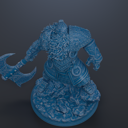 A detailed 3D rendering of a heavily armored and battle-ready dwarf figure, wielding a large weapon and standing on a rocky base.