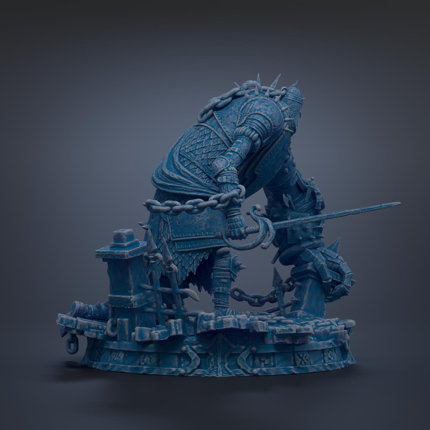 A detailed 3D rendering of a heavily armored and battle-ready figure, with chains and weapons attached to it, set against a dark background.