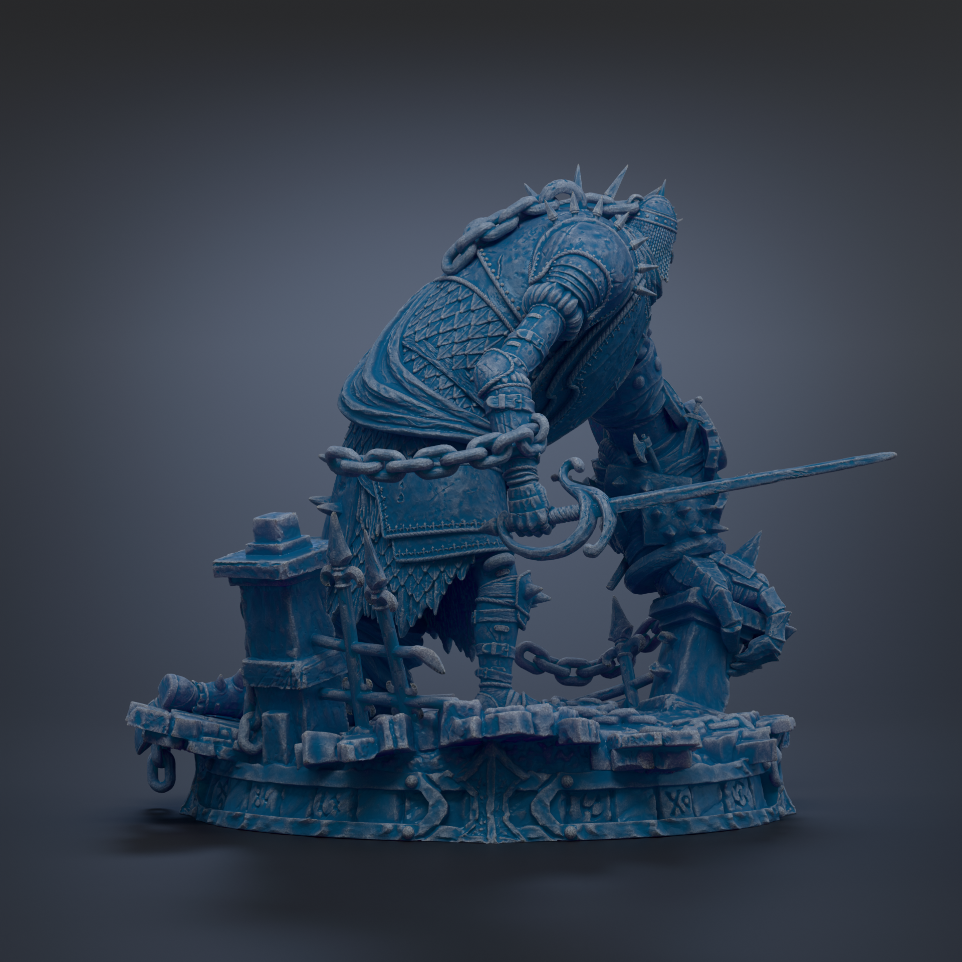 A detailed 3D rendering of a heavily armored and battle-ready figure, with chains and weapons attached to it, set against a dark background.