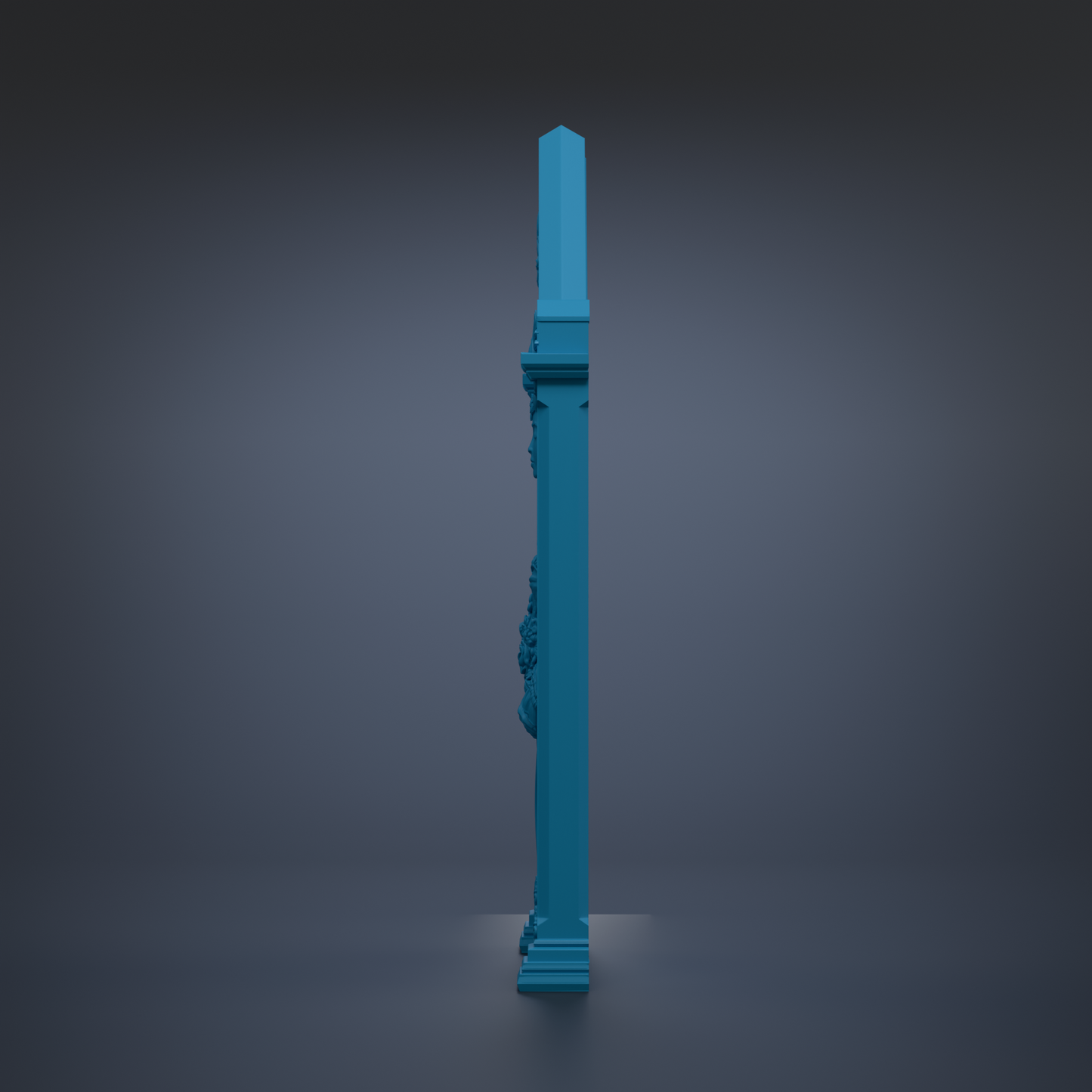 A tall, blue pillar stands alone against a dark background.