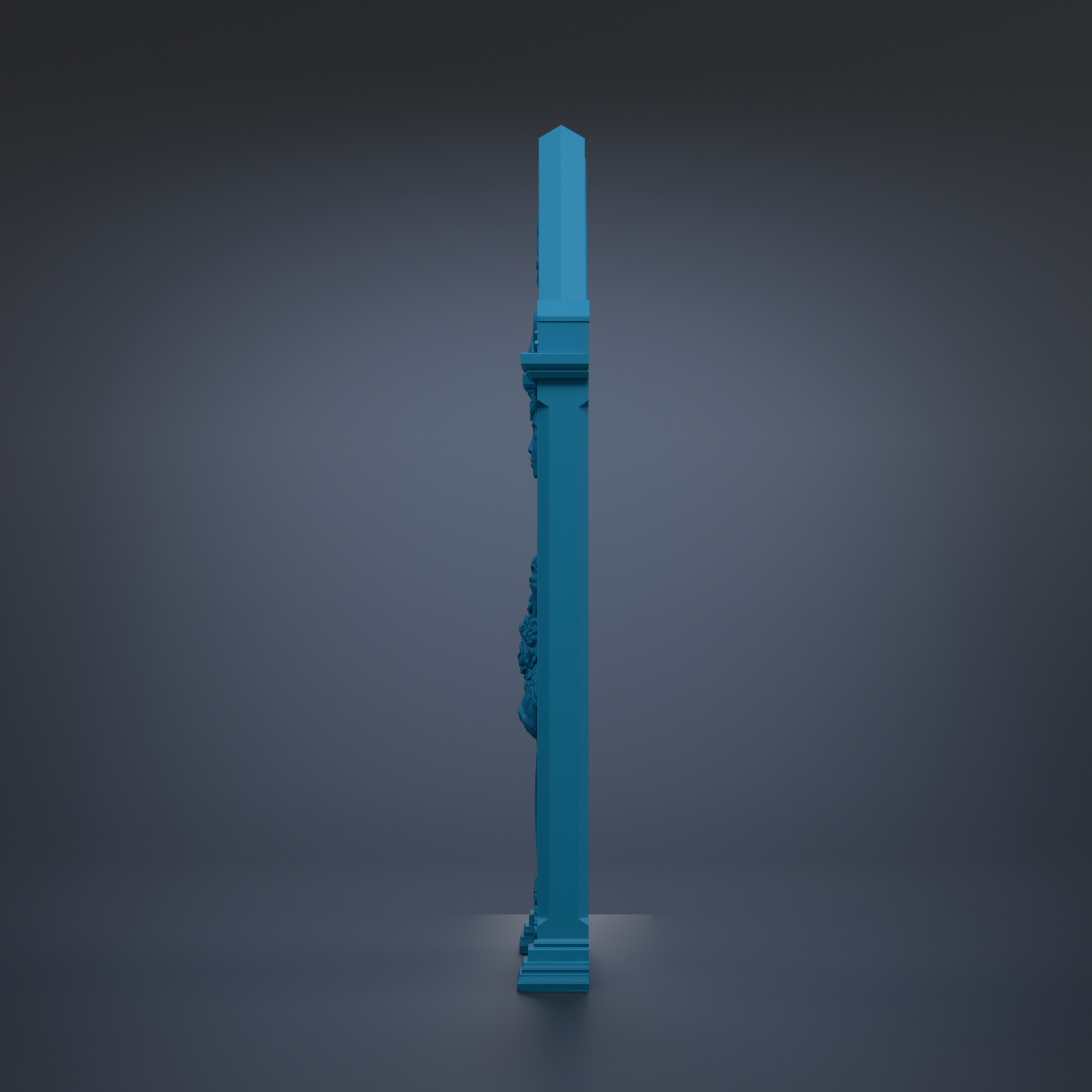 A tall, blue pillar stands alone against a dark background.