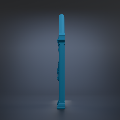 A tall, blue pillar stands alone against a dark background.