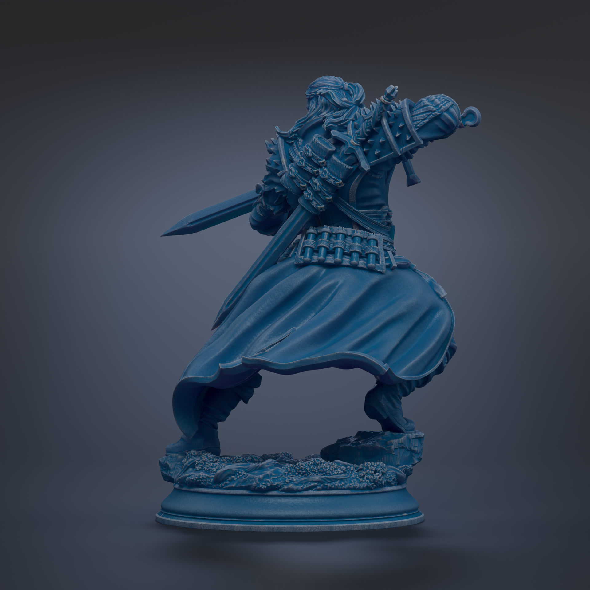 A blue statue of a warrior figure holding a sword and shield, standing on a base with a flowing cape.
