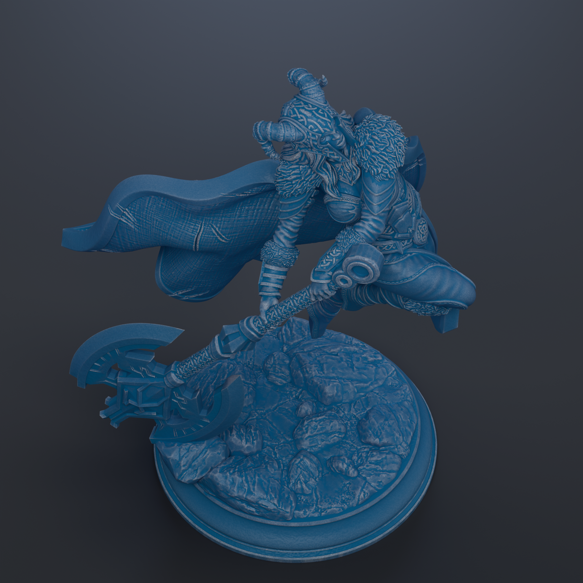 A 3D rendering of a warrior figure with a sword and shield, standing on a pedestal.