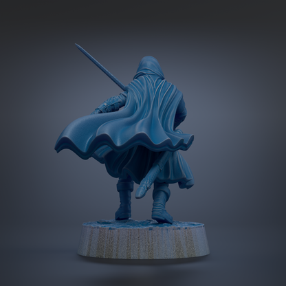 A 3D rendering of a figure in a flowing blue cape, holding a sword and standing on a platform.