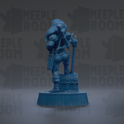 A blue figurine of a person standing on a pedestal, holding a sword and a shield, against a dark background with repeated text.