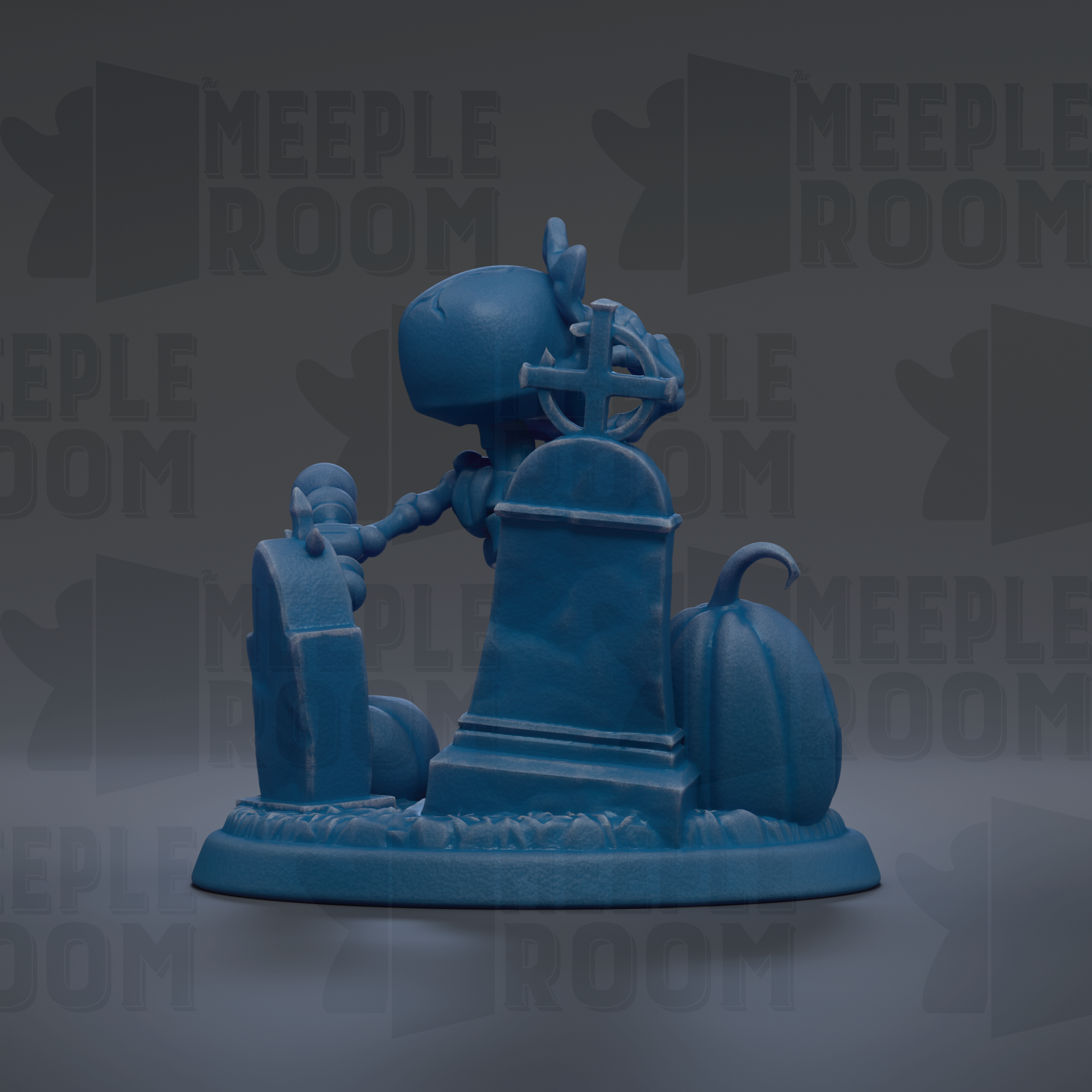 A blue figurine of a robot or character sitting on a gravestone, with a cross on top, against a dark background with repeated text.