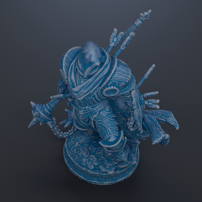 A 3D rendering of a blue, armored figure with a pointed hat and various weapons, set against a dark background.