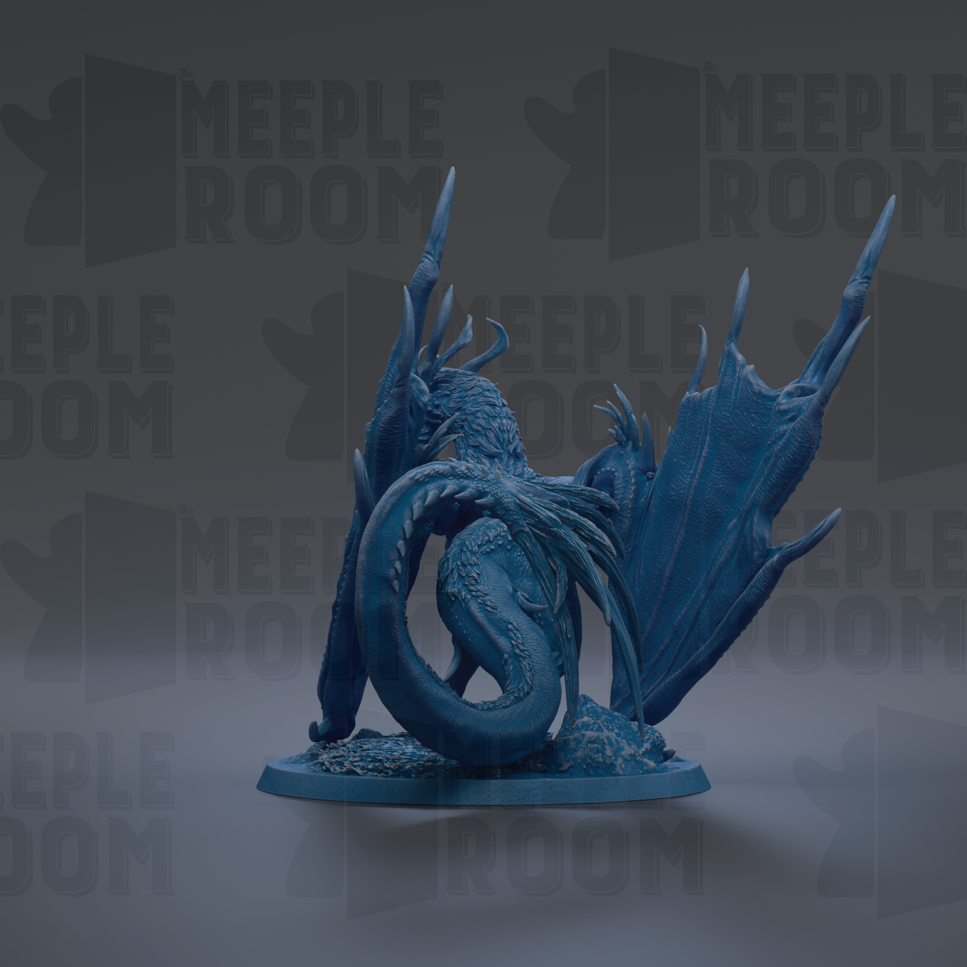 A blue dragon figurine is shown against a dark background with repeated text.