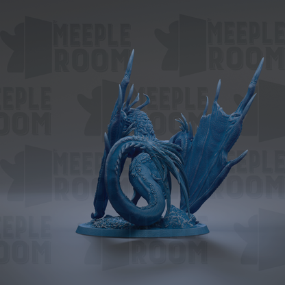A blue dragon figurine is shown against a dark background with repeated text.