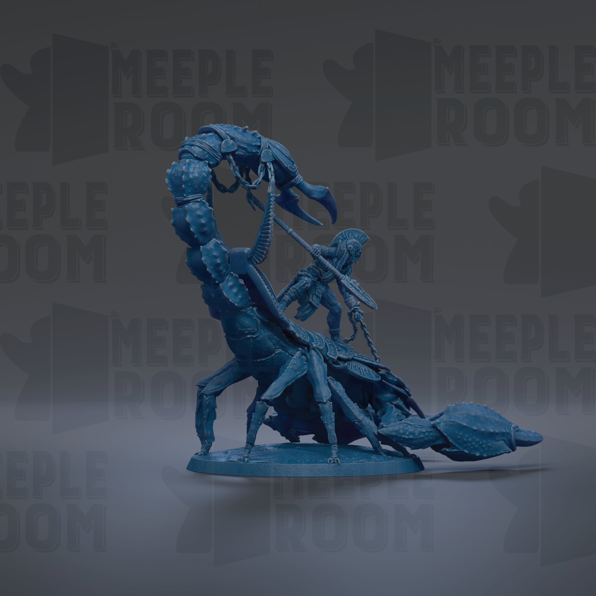A blue figurine of a person holding a weapon, standing on a base, and facing a large, menacing-looking creature, possibly a scorpion or a spider.