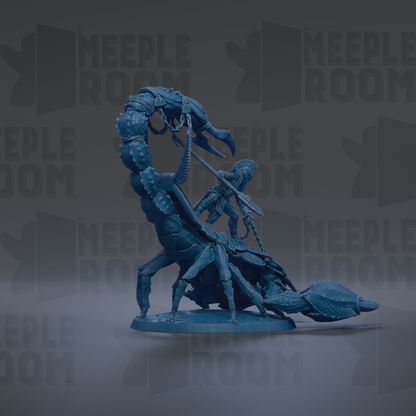 A blue figurine of a person holding a weapon, standing on a base, and facing a large, menacing-looking creature, possibly a scorpion or a spider.