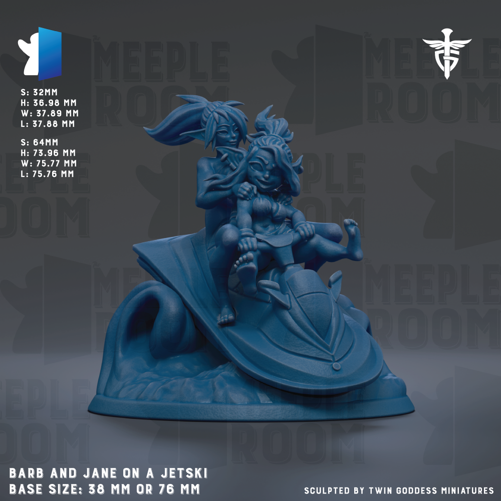 The image is a 3D rendering of a statue depicting two figures, Barb and Jane, sitting on a jet ski. The statue is in a blue color and is placed on a base that is either 28mm or 76mm in size. The background of the image is a dark gray color, and there is text at the top and bottom of the image providing information about the statue.