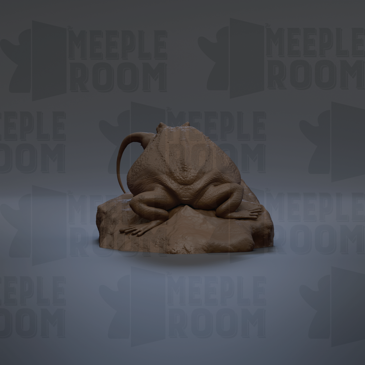 A 3D rendering of a large, brown, sculpted animal, possibly a lizard or a frog, sitting on a rock.