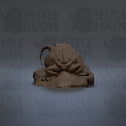 A 3D rendering of a large, brown, sculpted animal, possibly a lizard or a frog, sitting on a rock.