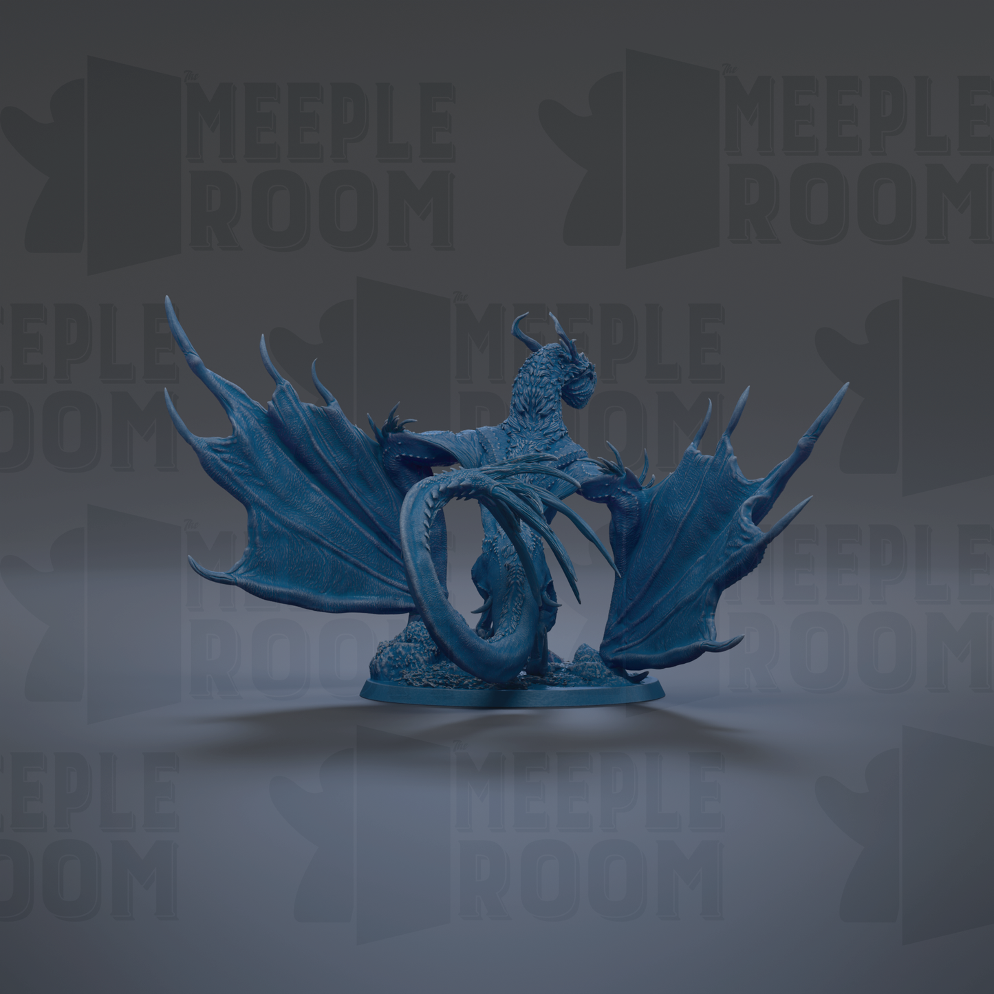 A blue dragon figurine with outstretched wings is the central focus of the image.