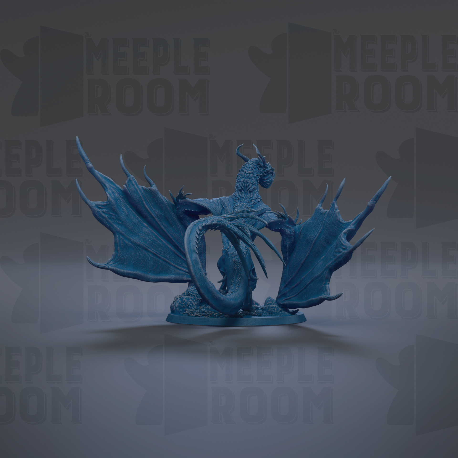 A blue dragon figurine with outstretched wings is the central focus of the image.