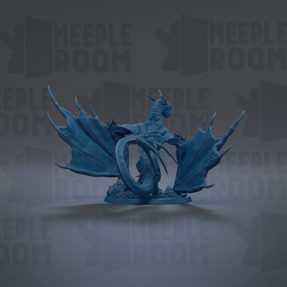 A blue dragon figurine with outstretched wings is the central focus of the image.
