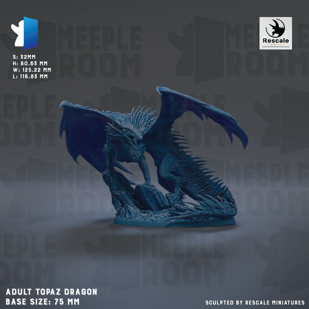 The image is a 3D rendering of an adult topaz dragon statue, with a base size of 75 millimeters.