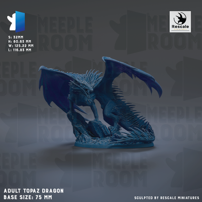 The image is a 3D rendering of an adult topaz dragon statue, with a base size of 75 millimeters.