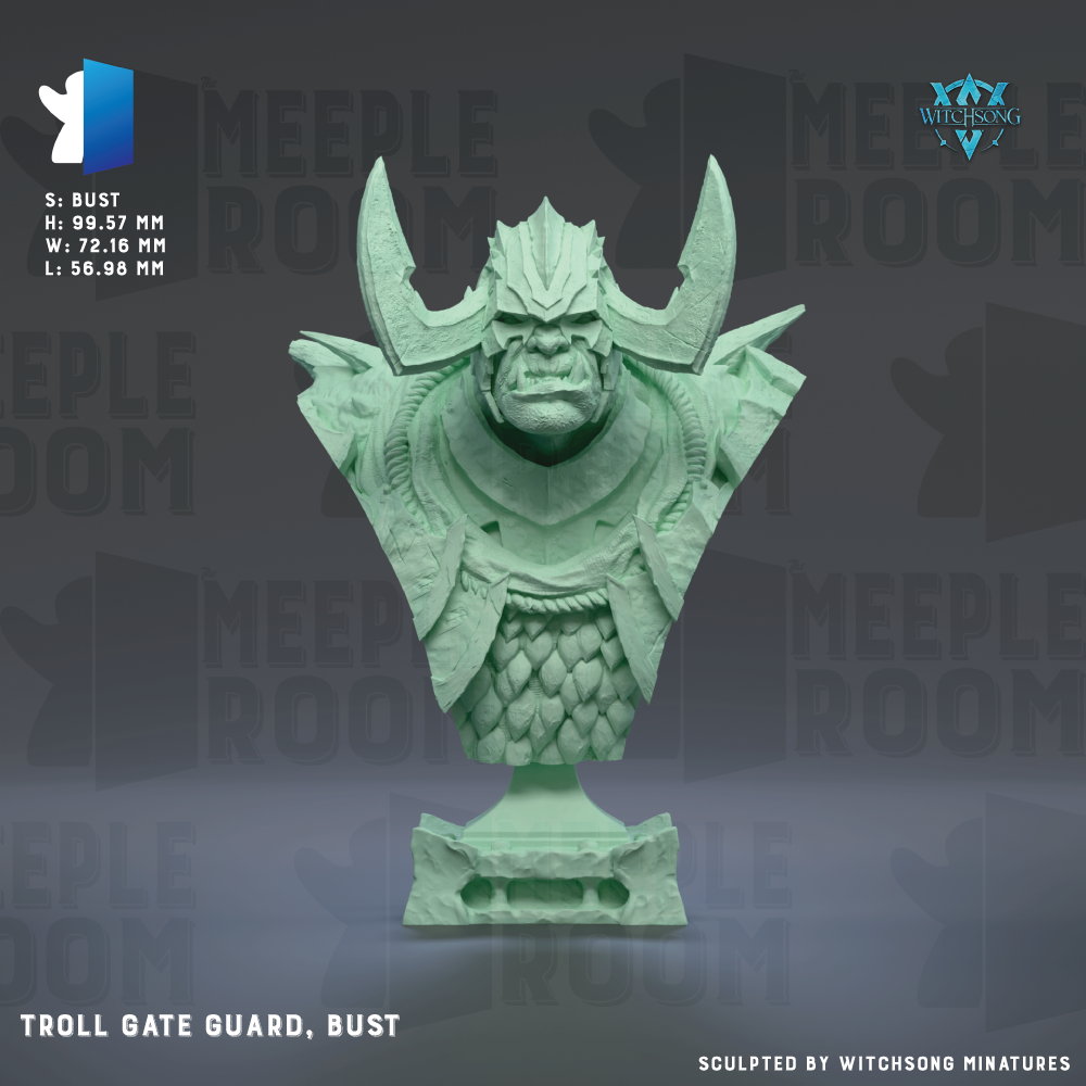 a bust of a Troll Gate Guard, a character from the video game Meeple Room. The bust is made of a green material and is displayed against a dark background.